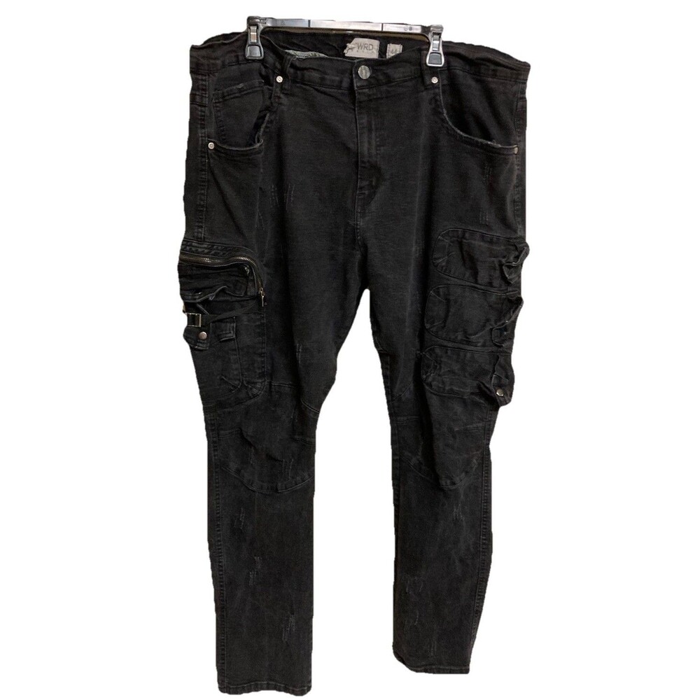Men's FWRD Stacked Jeans Distressed Moto Biker Zip Pocket Black Size 44x33